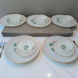 Vintage Juego 15 Pcs Fire King Anniversary Rose & Gold Set Milk Glass